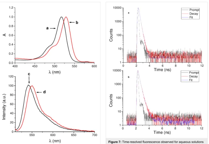 Figure 7: Time-resolved fluorescence observed for aqueous solutions of (a) eosin Y (2) and (b) the 2–β-CD conjugate