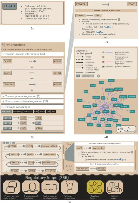 Figure 4: Combined snapshots of the NRF2-ome web resource. (a)–(d) The protein datasheet page of KEAP1