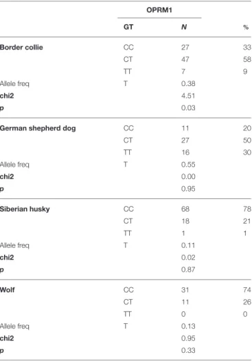 TABLE 3 | OPRM rs21912990 genotype (GT), number of individuals by genotype (N), genotype frequencies (%), allele frequencies, chi2 scores, and chi2 test p-values in three dog populations and wolves.