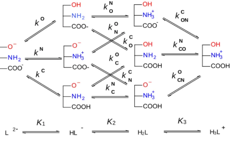 Figure 2. The micro- and macrospeciation schemes of the  examined  compounds,  where  microconstants  with  superscript  O,  N  and  C  belong  to  the  phenolate,  amino  and carboxylate site, respectively, and  K 1 ,  K 2  and K 3  are  stepwise  macroco