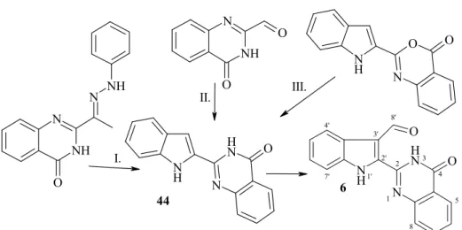 22. ábra: A 2-(1H-indol-2-il)-3H-kinazolin-4-on (44) szintézise,   és a bouchardatin (6) származtatása