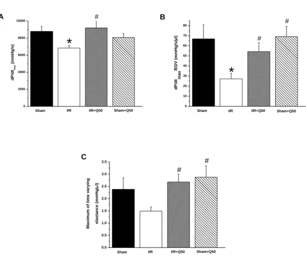 Figure 8. Cardiac functions in the four groups after myocardial infarction. In rats  subjected to a 45 min occlusion of the left anterior descending coronary artery followed  by 24 h reperfusion (I/R): (A) maximal slope of the systolic pressure increment d