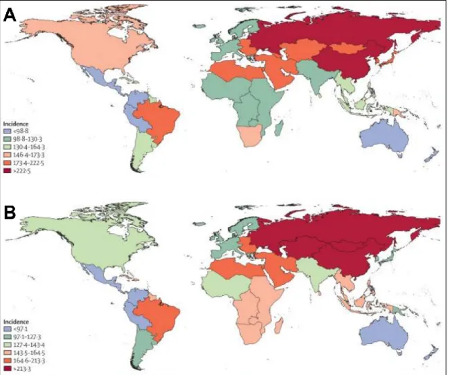 Figure 1. Age-standardized incidence of ischemic stroke per 100 000 person-years for 1990  (A)  and  2010  (B)