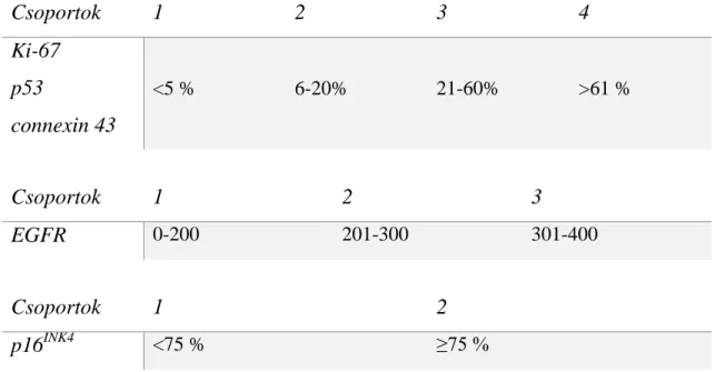 6. táblázat: Immunhisztokémiai festés kiértékelésekor elkülönített csoportok  Csoportok  1  2  3  4  Ki-67  &lt;5 %  6-20%  21-60%  &gt;61 % p53  connexin 43  Csoportok  1  2  3  EGFR  0-200  201-300  301-400  Csoportok  1  2  p16 INK4 &lt;75 %  ≥75 %  4.1
