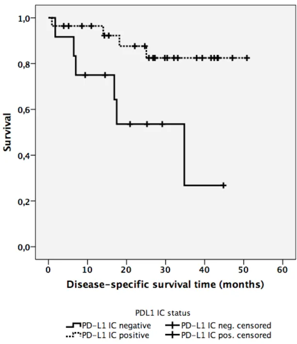 Figure  3.  The  prognostic  role  of  PD-L1 IC   status  in  laryngeal  squamous  cell  carcinoma (HR=0.222; CI95%, 0.062-0.795; p=0.021) 