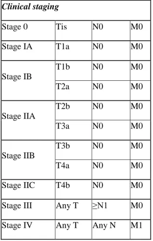 Table 3. The clinical staging of melanoma (AJCC)  Clinical staging  Stage 0  Tis  N0  M0  Stage IA  T1a  N0  M0  Stage IB  T1b  N0  M0  T2a  N0  M0  Stage IIA  T2b  N0  M0  T3a  N0  M0  Stage IIB  T3b  N0  M0  T4a  N0  M0  Stage IIC  T4b  N0  M0 