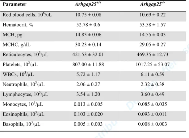 Table I. Blood parameters in Arhgap25 +/+  and Arhgap25 -/-  mice.  