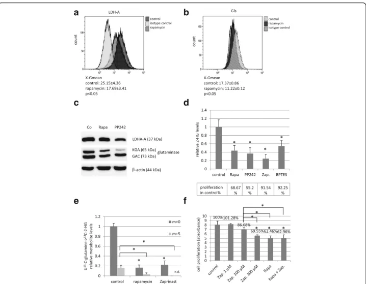 Fig. 4 mTOR inhibitors (rapamycin, PP242) decreased the expressions of LDH-A and glutaminase proteins in HT-1080 cells; and glutaminase inhibitors (Zaprinast, BPTES) have effects on both the proliferation and the 2-HG oncometabolite level in these cells
