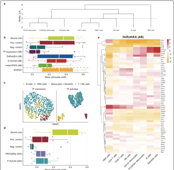 Fig. 4 Application of TF and pathway analysis tools on a representative scRNA-seq dataset of PBMCs and HEK cells