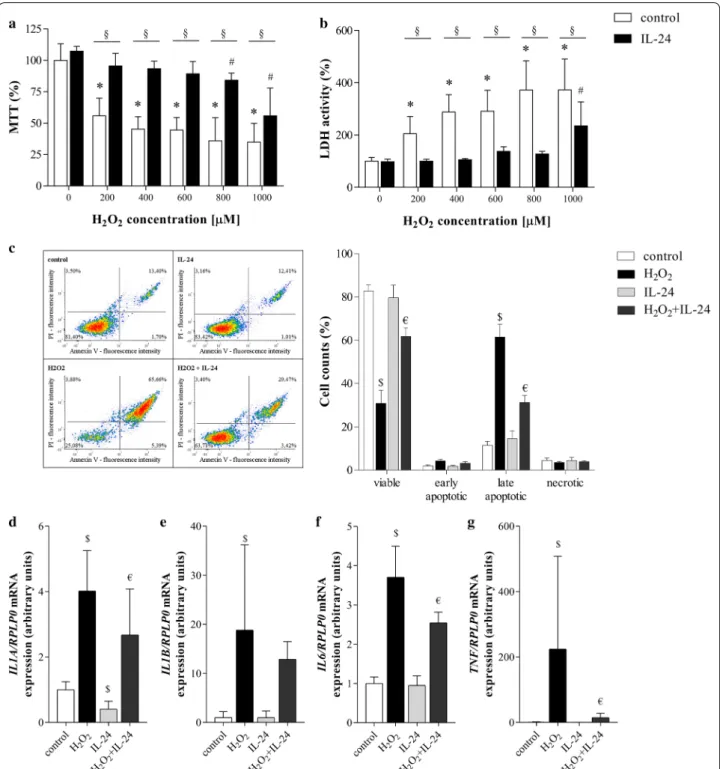 Fig. 3  Effect of IL‑24 treatment on the viability of  H 2 O 2  treated FHs74Int cells