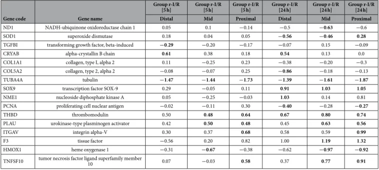 Table 2.   Deregulated genes and their expression (fold changes), which are involved in the activated  pathway networks in the distal (ischemia-affected), mid (border zone of ischemia) and proximal (not  ischemia-affected) anterior wall regions of the hear