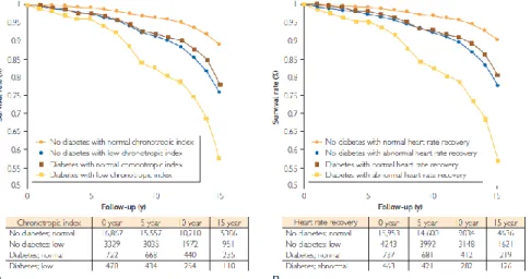 Figure  7.  Survival  for  the  first  15  years  of  follow-up  according  to  presence  or  absence of diabetes and normal or low chronotropic index (CI) [A] and normal or  abnormal heart rate (HR) recovery [B]