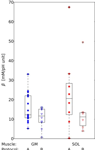 Figure 7.  Individual cytosolic buffer capacity β was non-invasively quantified from the change in pH and PCr  within the first 6 seconds of exercise, where contribution by L is considered to be negligible