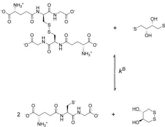 Figure 2. The redox reaction between oxidized glutathione and dithiothreitol (DTT) 2−  dominant  microspecies at the pH of blood