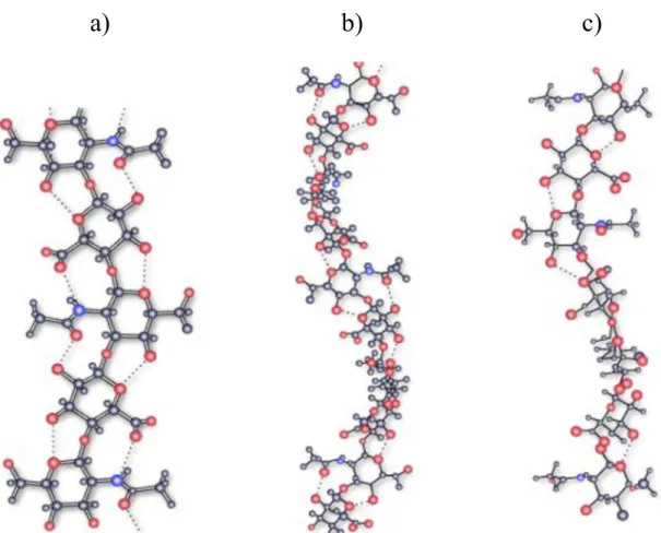 Figure 5 X-ray fiber diffraction of potassium hyaluronate a) 2-fold helix conformation  with an axial rise per disaccharide of 0.98 nm; b) left-handed 4-fold helix conformation  with  an  axial  rise  of  0.84  nm  per  disaccharide  and  c)  left-handed  