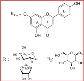 Figure 1. Structure of apigenin and its glycosides  R1: apiin R2: apigenin-7-O-glycoside 