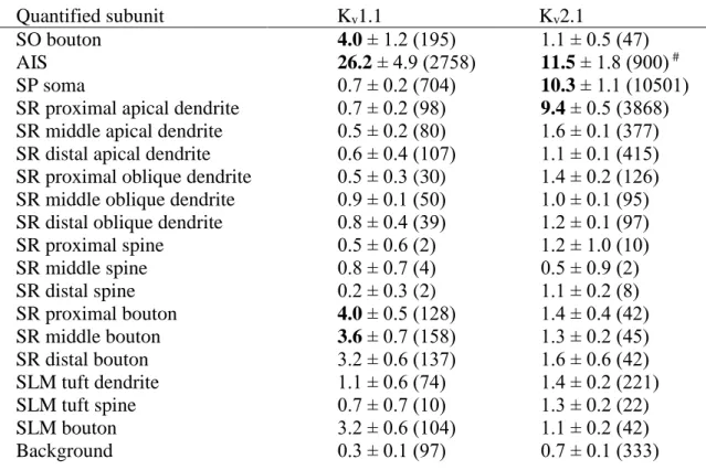 Table  2.  Densities  of  gold  particles  labeling  K v 1.1  and  K v 2.1  subunits  in  distinct  subcellular  compartments  of  CA1  PCs