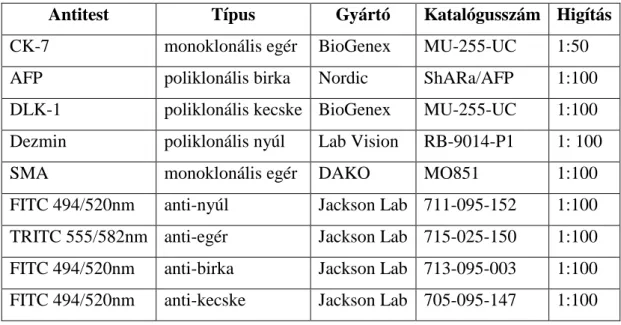 3. táblázat: Alkalmazott antitestek 