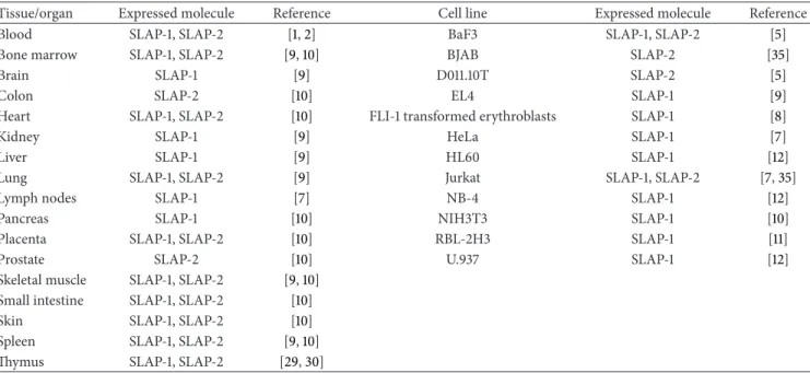 Table 1: The expression of SLAP proteins in different tissues and cell lines.