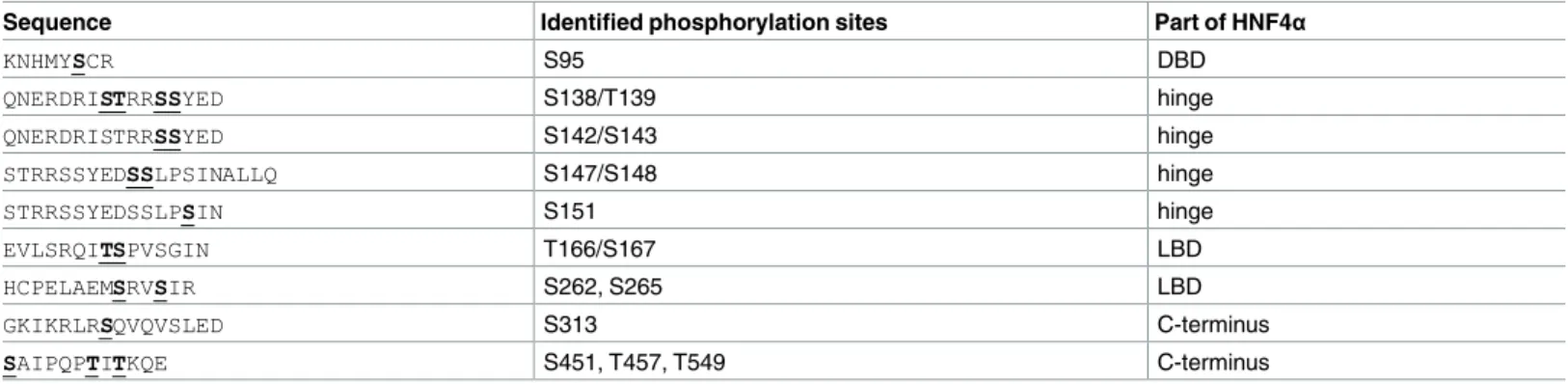 Table 1. Phosphorylated amino acid residues identified by mass spectrometry. In vitro phosphorylated HNF4α was subjected to mass spectrometry analysis