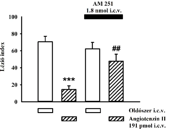 10. ábra. A CB 1 -receptor inverz agonista AM 251 (1.8 nmol i.c.v.) gátló hatása az  angiotenzin (191 pmol i.c.v.) gyomorvédő hatására