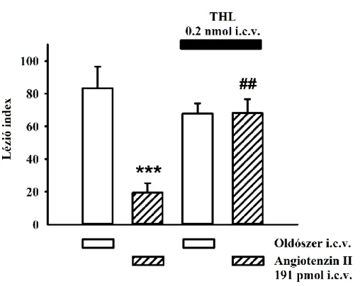 11. ábra. A DAG-lipáz gátló tetrahydrolipstatin (0.2 nmol i.c.v.) hatása az Ang II  (191  pmol  i.c.v.)  gasztroprotektív  hatására