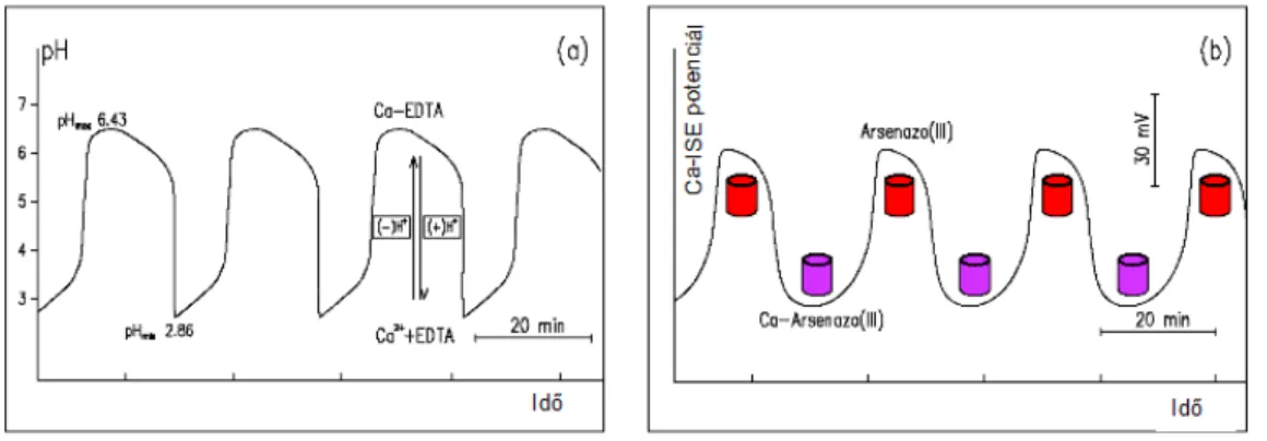 11. ábra: (a) pH-oszcillációk; (b) Kalciumion-oszcillációk kalcium-ionszelektív  elektróddal (Ca-ISE) követve és színoszcillációk Arsenazo-III indikátor jelenlétében a 
