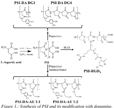 Figure 1.: Synthesis of PSI and its modification with dopamine,  dopamine-aminoethanol mixture and RGD tripeptide 