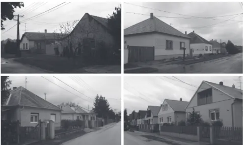 4. ábra: Utcakarakter-típusok Rajkán: rossz állapotban lévő régi épületek (balra fent); részben felújí- felújí-tott kockaházak (jobbra fent); részben felújífelújí-tott, illetve teljesen átalakífelújí-tott kockaház új lakókkal