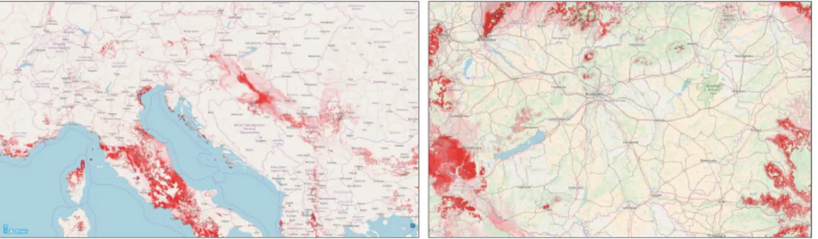 Figure 1: Potential area of Quercus frainetto for present (left) and future (2041-2070) (right)   (0 – 0% feasibility, 1 – 100% feasibility) using „Maximum Entropy” method and RCP 4,5 scenario