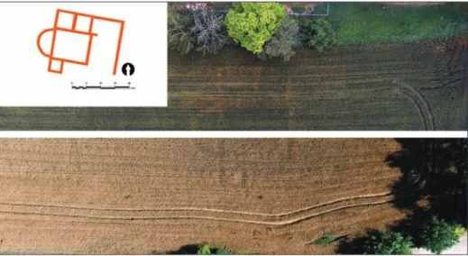 Fig. 3. Cropmarks indicating the apsidal building on aerial photos at different growing periods (Photos: 
