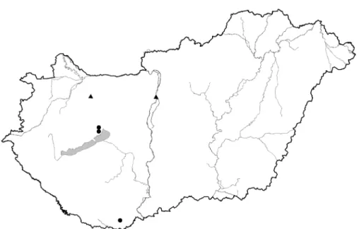 Fig. 1. Distribution of Medicago orbicularis in Hungary (full circles: recent populations; full tri- tri-angles: former populations from the 19th Century)