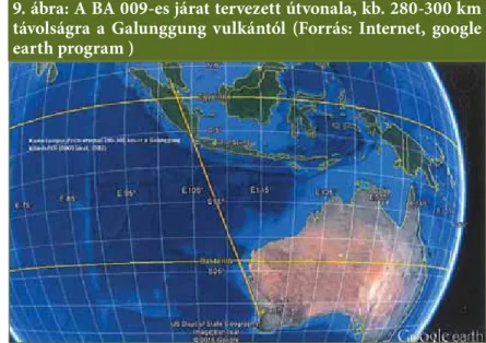 9. ábra: A BA 009-es járat tervezett útvonala, kb. 280-300 km  távolságra a Galunggung vulkántól (Forrás: Internet, google  earth program )