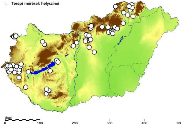 1. ábra: A kocsánytalan tölgy állományok relatív sűrűségének és felső magasságának mérési helyszínei az  országot átszelő dombsági magasságú helyszínek alkotta klímatranszekt mentén