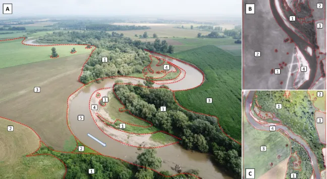 Figure 3. Aerial overview of the study area with the different land use categories (1—forests and  bushes; 2—grasslands; 3—arable lands; 4—bar surfaces; 5—river channel)