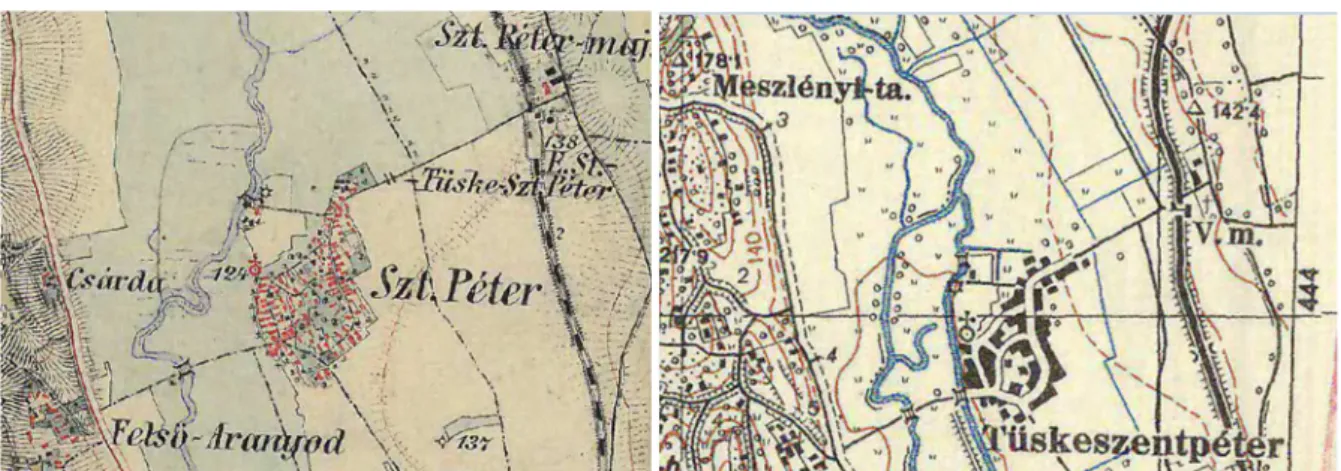 15–16. ábra. A tüskeszentpéteri rétek a III. Katonai Felmérés (1879)   és Magyarország Katonai Felmérése (1941) térképlapján