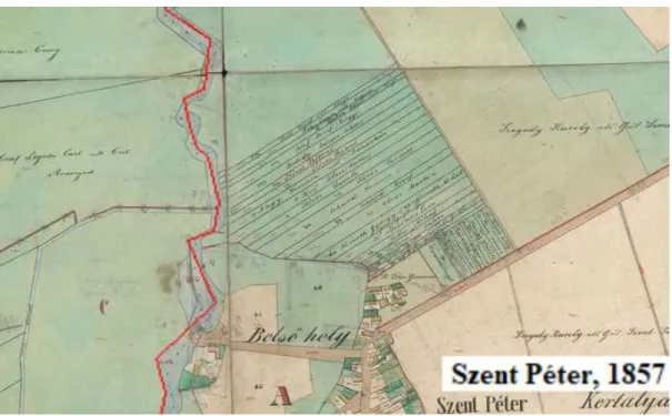14. ábra. Az 1857-es kataszteri térképen a malomtól északra lévő rétek már felosztva láthatók