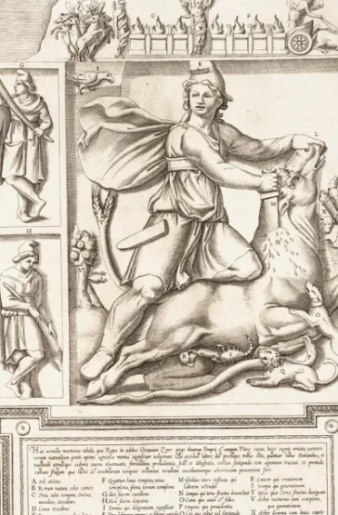 Fig. 4. Tauroctony of Ottavio Zeno, Rome (CIMRM 335). Drawing from Speculum Romanae  Magnificentiae, Special Collections, University of Chicago Library  