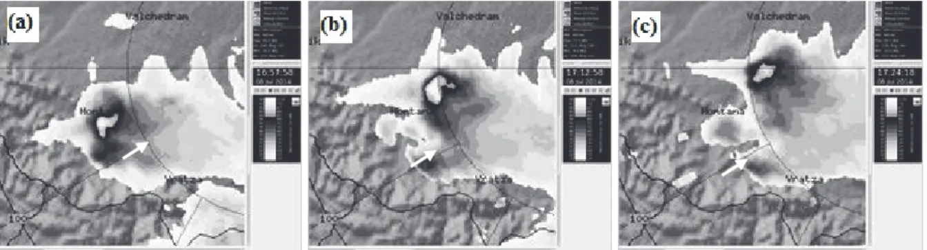 Fig. 13. Maximum radar reflectivity during the Montana storm splliting: (a) at 14:01 UTC  (17:01 LT) ; (b) at 14:12 UTC (17:12 LT); (c) at 14:24 UTC (17:24 LT)
