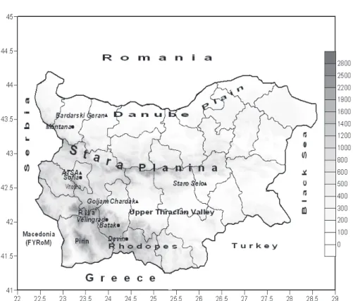 Fig. 1. Map of Bulgaria with the names of cities, towns, radar locations (black triangles),  and mountains mentioned in the text