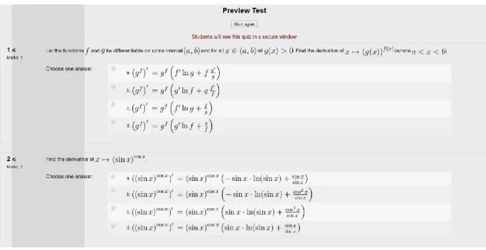 Fig. 2. Sample multiple-choice test for the Mathematics III course in the Moodle system