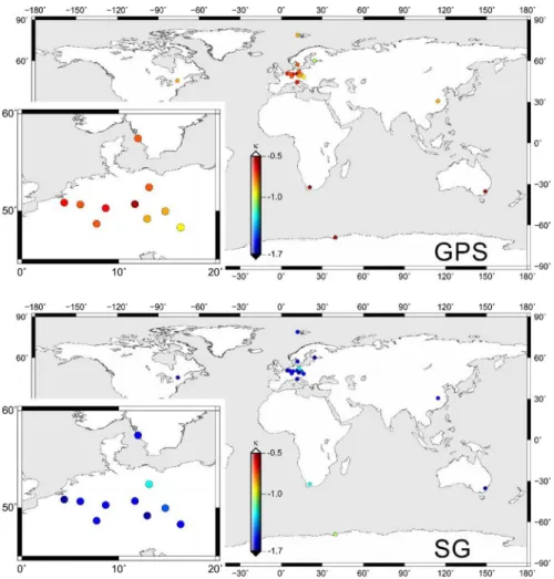 Fig. 5 Geographical distribution of the spectral indices of the residual data obtained from GPS (top) and SG (bottom) observations