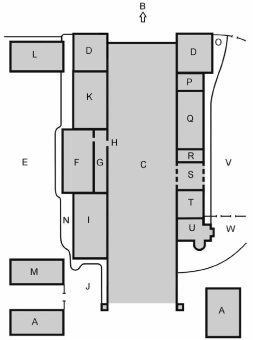 1. ábra. A Nyugati pályaudvar egyszerűsített alaprajza az 1877-es állapot szerint