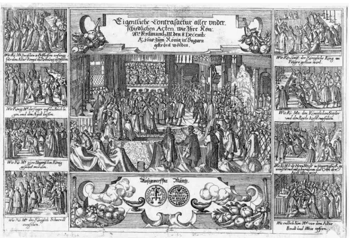 Abb. 1. Unbekannter Stecher: Ferdinands III. Krönung am 8. Dezember 1625 in der Ödenburger Franziskanerkirche, 1626; 