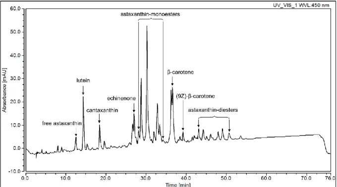 Figure  2  Qualitative  characterization  of  carotenoid  profile  of  mature  cysts  of  the  investigated  Haematococcus  pluvialis  strain  by  HPLC-DAD  investigation
