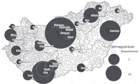 2. ábra Az iGeo olimpiára kiutazott magyar versenyzők középiskolájuk székhelye szerint  (2006–2017, a versenyszervezők saját adatbázisa alapján)