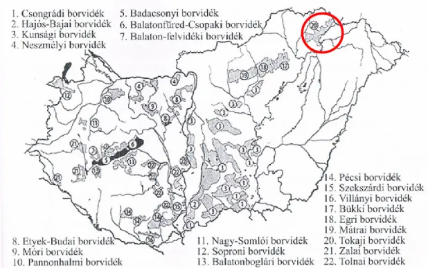 Figure 1. Wine Regions of Hungary  Comment: Tokaj Wine Region is highlighted with a red circle  Source: Lőrincz et
