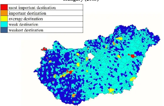 Figure 1: Territorial disparities of guest nights of all types of accommodations in  Hungary (2003) 