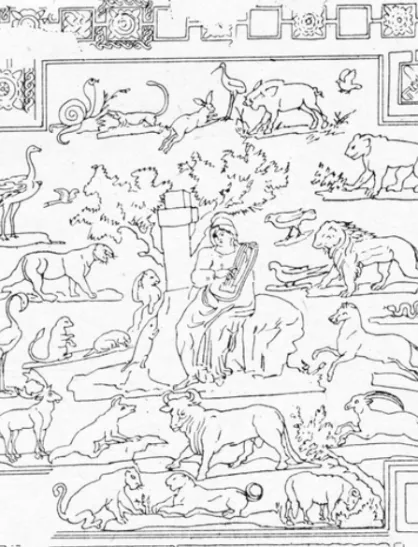 Fig. 8. Drawing of the mosaic of Orpheus among the animals, from the Roman villa   in Thanaea in Tunis, 2nd–4th century AD, preserved in the Sfax Archaeological Museum   and lost during an air strike in 1944 (from R EINACH , S.: Répertoire des peintures gr