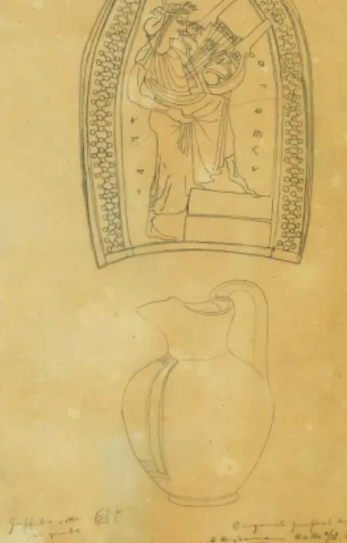 Fig. 1. Attic black-figure oinochoe with a musician who goes up the footrest,   inscription Χαιρε Oρφευ
